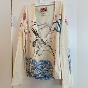 Lucky Brand Japanese Crane & Bonsai Pullover Hoodie, rare vintage Y2K-era Medium